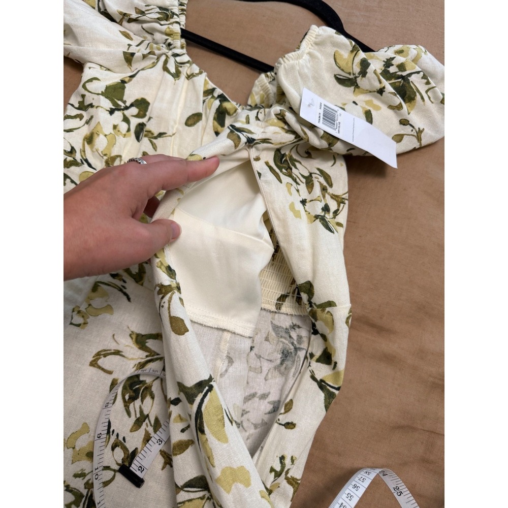 London Times Floral Linen Blend Puff Sleeve Smocked Back Mini Dress Ivory Green - Picture 8 of 8